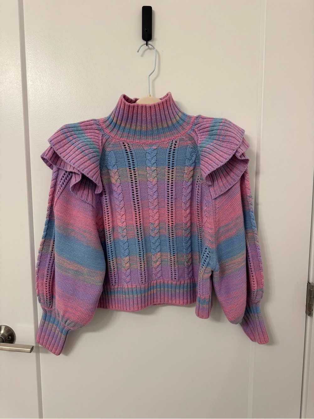 Something Navy Pastel Ombre Cable Knit Ruffle Shoulder Sweater - Picture 1 of 4